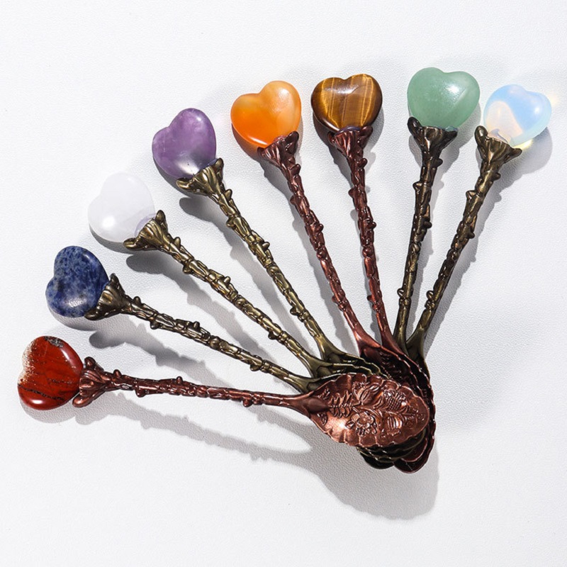 Natural Healing Crystal crafts love heart coffee Spoon Polished Reiki Chakra Gem Long Handle Stirring Small Spoon with white gift box