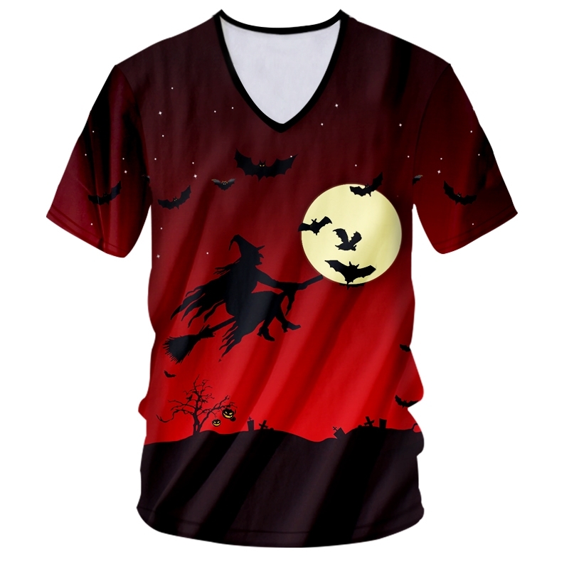 Mens Halloween Interesting Broom Witch 3D Printed Animal Black Bat Yellow Moon Man Spandex Gothic O Neck Tshirt 220623