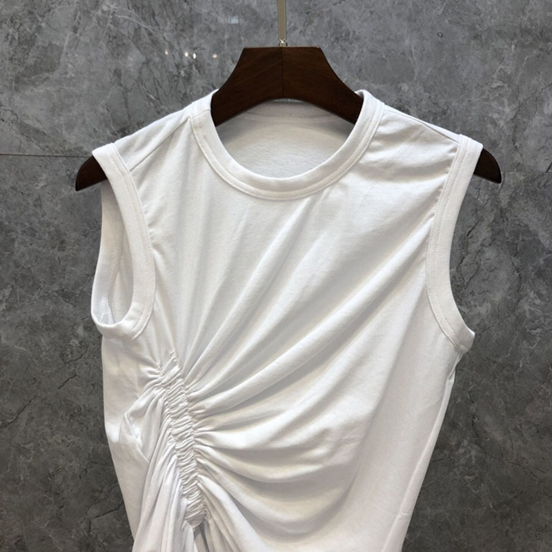 TWOTWINSTYLE Casual White T Shirt For Women O Neck Sleeveless Ruched Irregular Slim T Shirts Females Summer Fashion Stylish 220408
