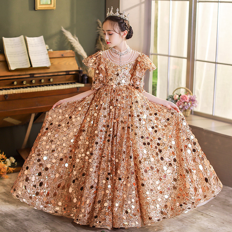 2023 Bling Crystal Flower Girls Dresses For Teens Tulle Floor Length Beach Gold sequined Girl Pageant Party Gowns Tulle Skirt Formal Kids Wear