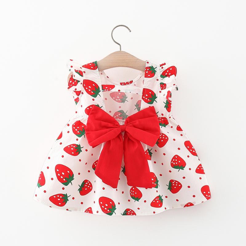 

Girl's Dresses Summer Baby Girls Cotton Strawberry Floral Print Dress Flying Sleeve Cute Bow O-neck Princess Kids ClothesGirl's, G667-red