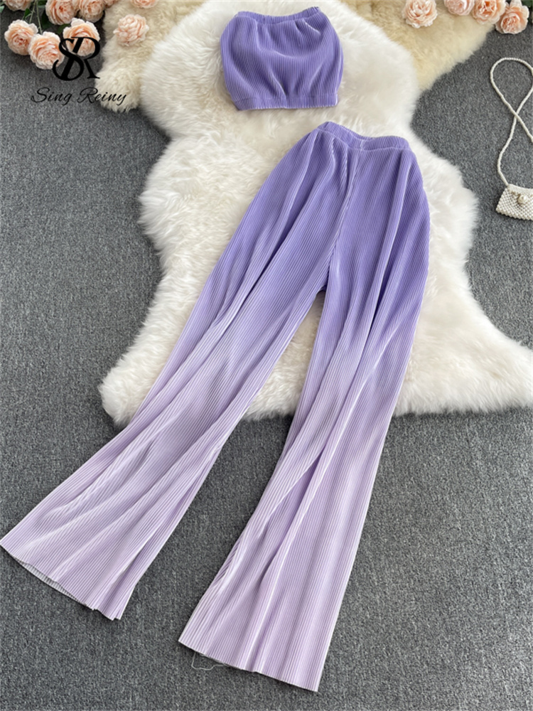 SINGREINY Women Summer Fashion Korean Set Sexy Off Shoulder Strapless Short Tops+High Waist Gradient Long Pants Two Piece Suits 220315