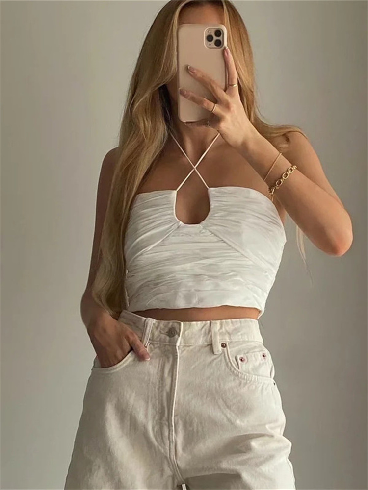 Woman Sexy Slim Halter Cropped Camisole Summer Sweet Female Solid Hollow Out Camisoles Girls Y2K Backless Short Tops 220316