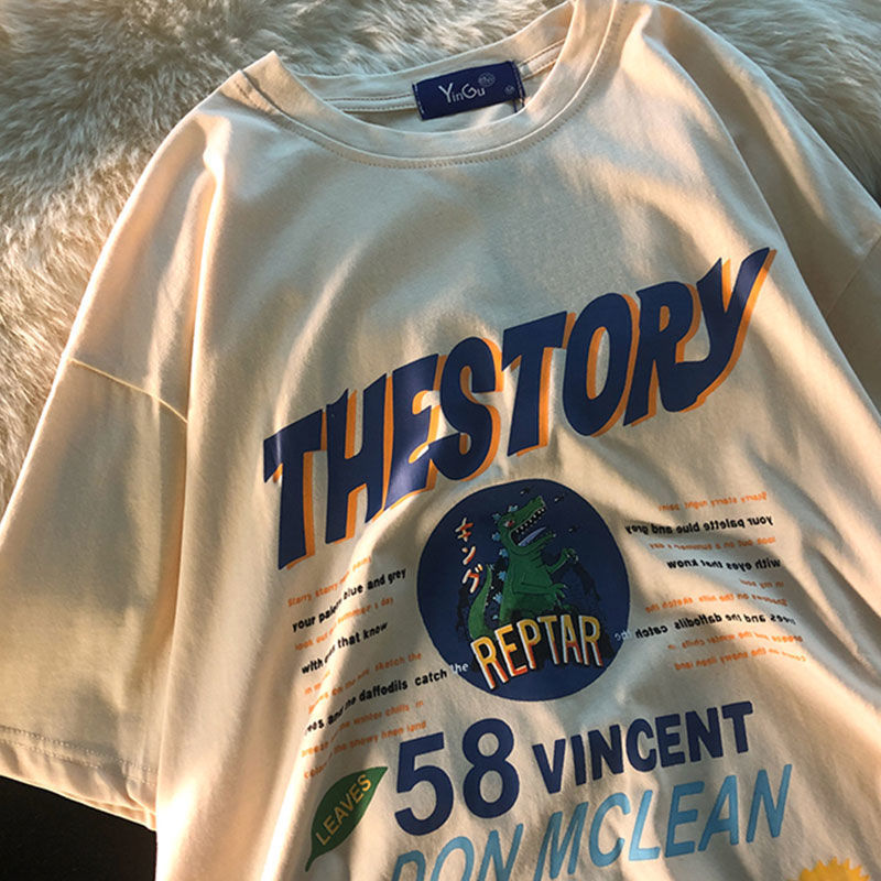 10JQK-American retro trend oversized Harajuku round neck T-shirt women dinosaur pure cotton loose wild short-sleeved men 220321