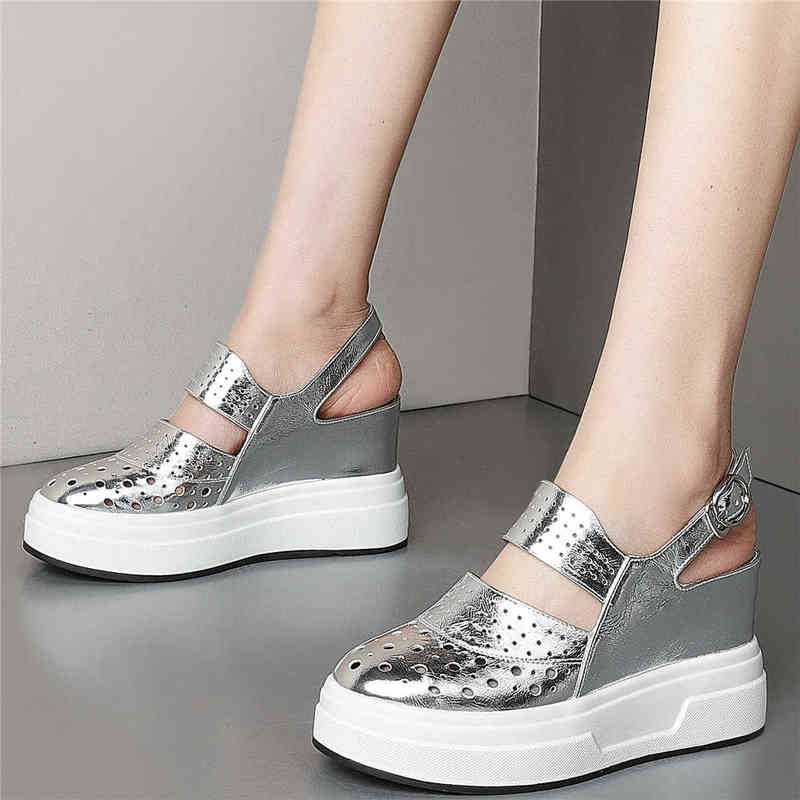 Women Back Strap Genuine Leather Wedges High Heel Roman Gladiator Sandals Female Round Toe Platform Pumps Shoes Casual Shoes Y220421