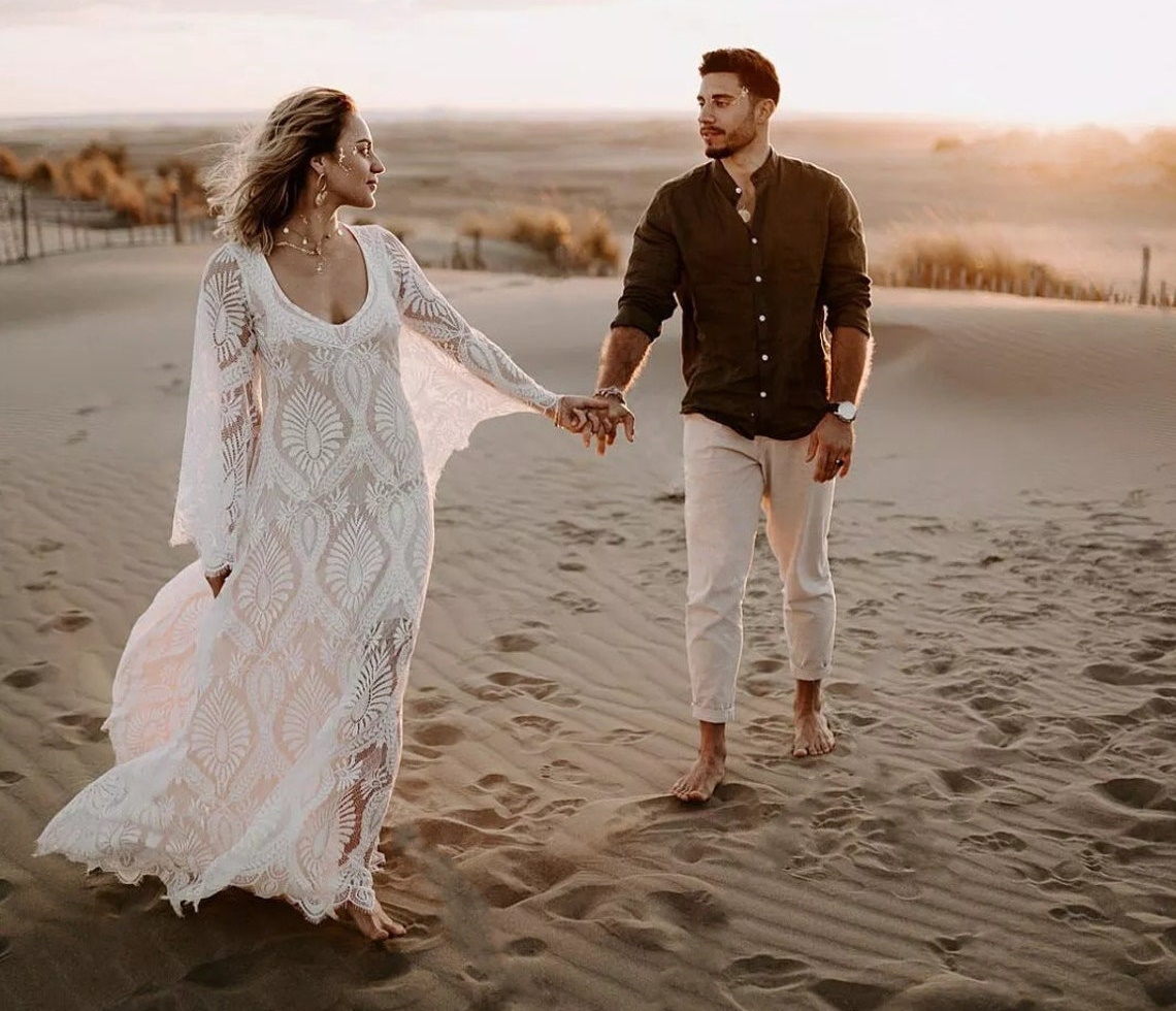 Boho Deep U Neck beach wedding dresses Sweep Train Flare Sleeve Lace open back hippie free people bohemian country bridal gowns