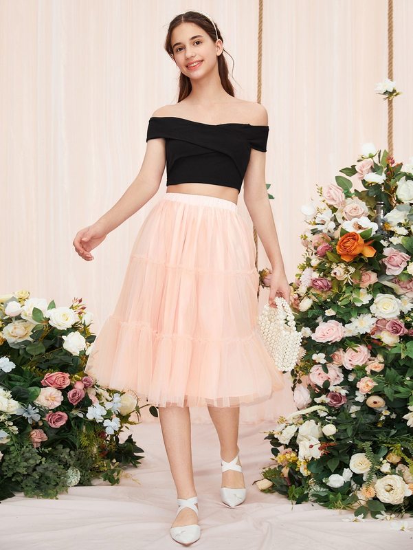Teen Girls Off Shoulder Top & Ruffle Hem Mesh Skirt SHE