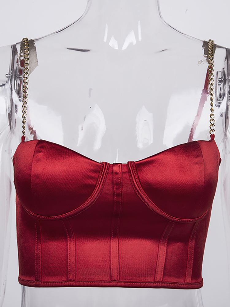 Asia Summer Crop Top Women Sexy Bustier Blackless Chain Strap Padded ped Casual Satin Black s Clothes 220325