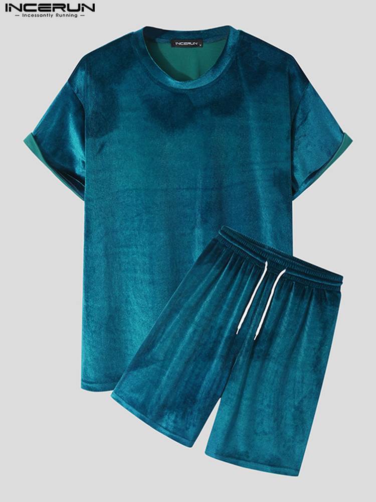 Men Sets Velour Solid Color O neck Short Sleeve T Shirt Drawstring Shorts Streetwear Casual Suits INCERUN S 5XL 7 220616
