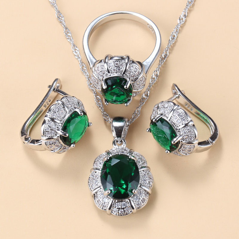 925 Mark Bridal Necklace And Earrings Jewelry Sets For Women Fashion Wedding Dress Costume Green Zircon Charm Bracelet And Ring 220715