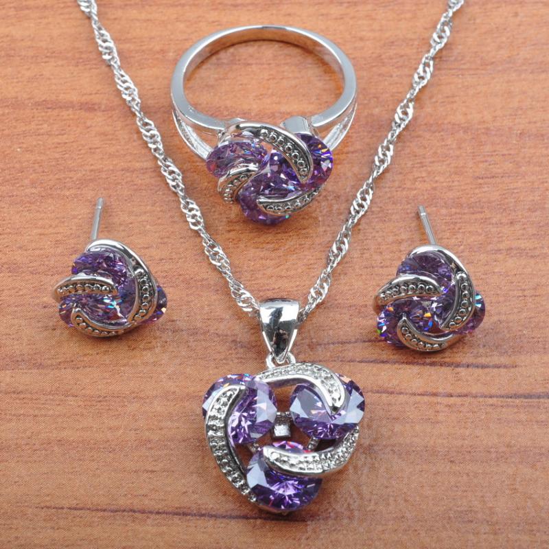Earrings & Necklace Natural Purple Crystal Zirconia Silver Color Jewelry Sets For Women Wedding Ring Set Anniversary PresentEarrings, As pic