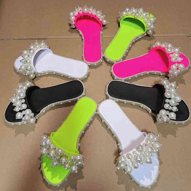 Fashion Pearl Slippers Large Size Women Flat Sandals Leisure Non-slip Slides 2022 Summer Woman Footwear Indoor Home Flip Flops Y220412