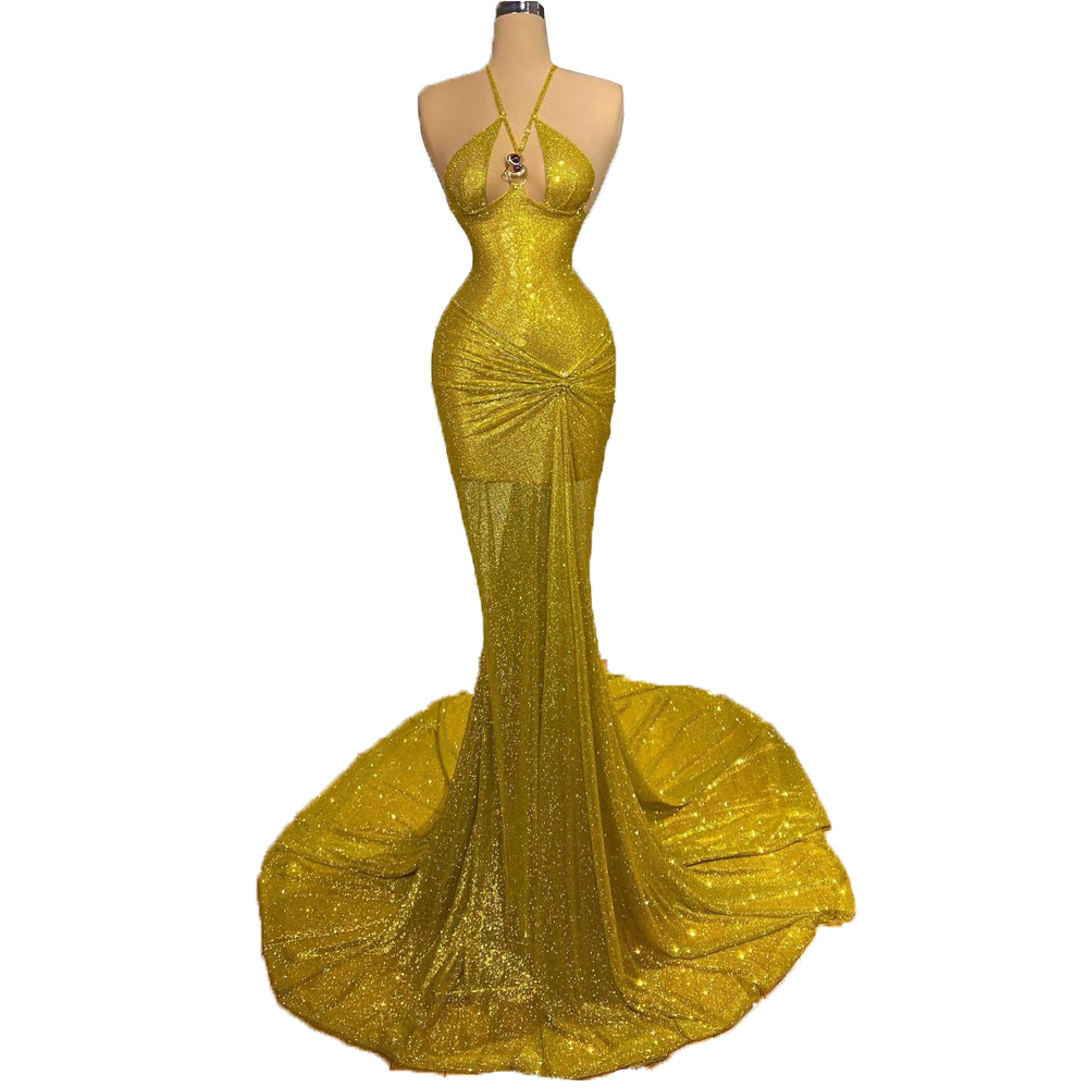 Sexy Yellow Prom Dresses Beads Appliqué Sleeveless Art Deco-inspired Neck Custom Made Formal Dubai Evening Dress Sweep Plus Size Robes De Mariée