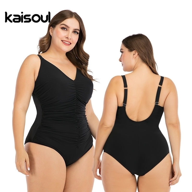 Solid Black Pleated Large Size Swimsuit Women Sexy Backless Plus Big XXL Swimwear Slim Beach Bathing Suit Y200824
Solid Black Pleated Large Size Swimsuit Women Sexy Backless Plus Big XXL Swimwear Slim Beach Bathing Suit Y200824