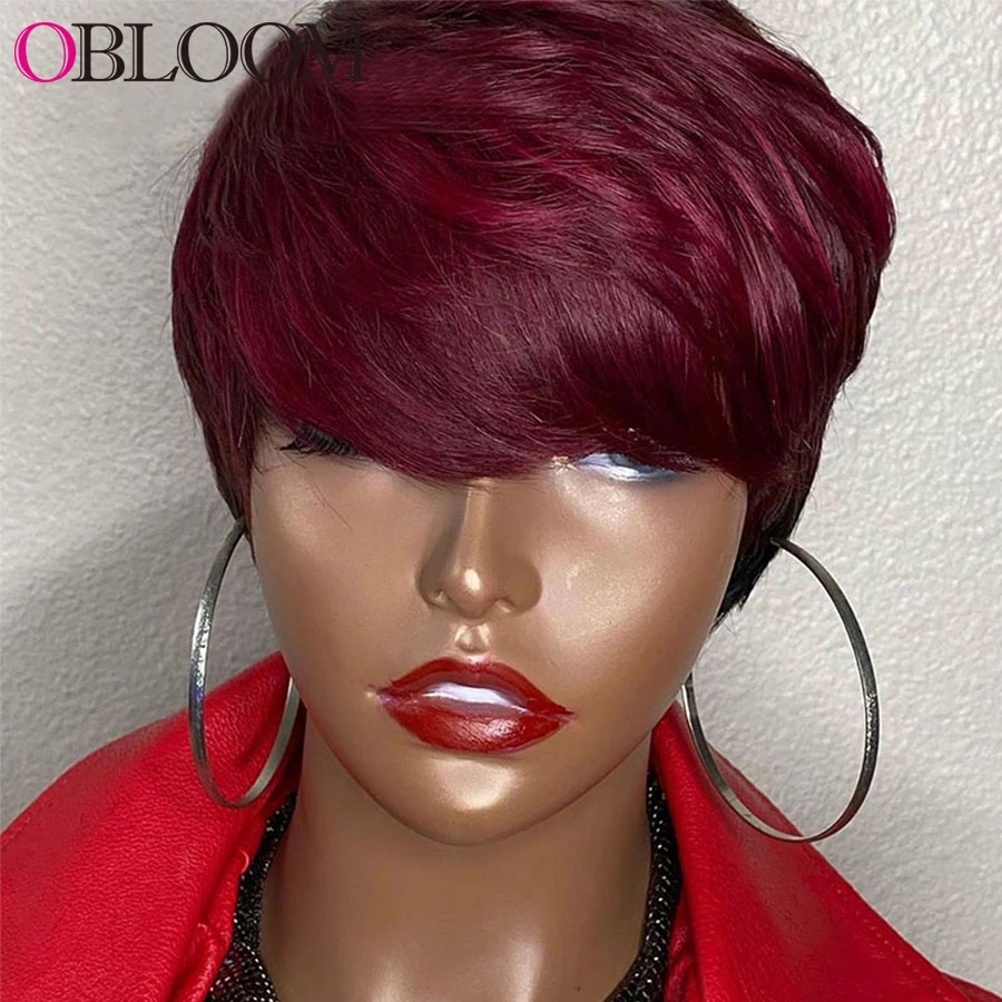 Free shipping Ombre Bury Red Color Pixie Short Cut Bob Human Hair Wigs For Black Women Brazilian Straight Wig With Natural Bangs