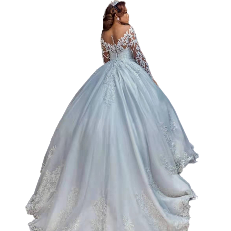Pearls Beaded Ball Gown Luxury Wedding Dresses With Long Sleeves Lace Applique Beads Illusion Scoop Neck Button Chapel Bridal Dress Custom Made Bridal