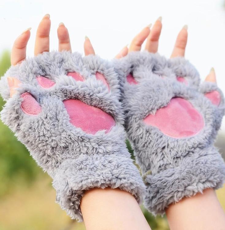 

Five Fingers Gloves Cute Cat Fluffy Claw Fingerless Warm Soft Plush Panda Glove Half Finger Women Winter Wear Christmas