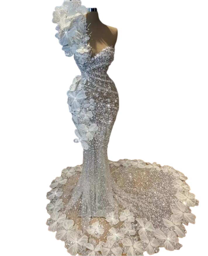 Mermaid Wedding Dress sheer neck lace-up corset Crystal Long Sequined Beaded Bridal Gowns Flower Appliqued Robe de mariee