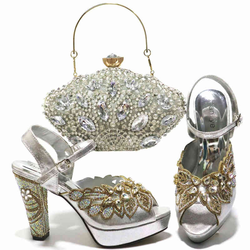 Sandals Dress Shoes Silver New High Heels And Bags To Match Set Decorated With Rhinestone Wedding Clutch And Bag Sets 220325