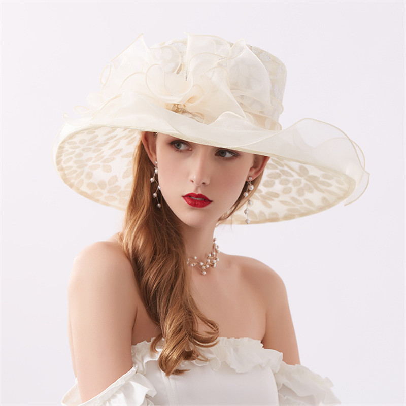 Summer Women Wide Brim Bow Mesh Lace Church Hat Foldable Wedding Tea Party Dress Sun 220427