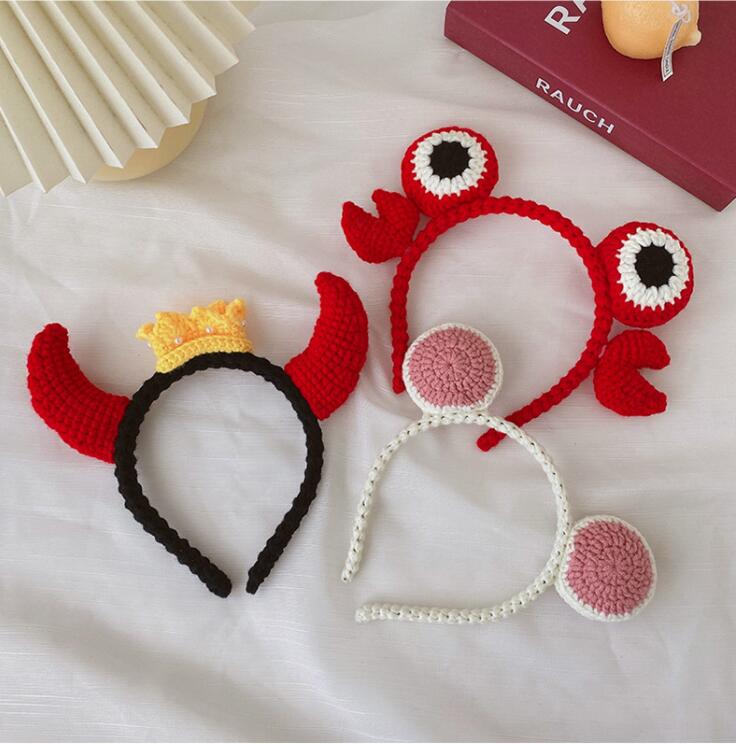 Knit Headband for Women Girl Cartoon Woolen Yarn Head Band Handmade Knitting Unique Hair Hoop Accessories Hairband Mouse Rabbit Fox Ear Frog Ladybug T