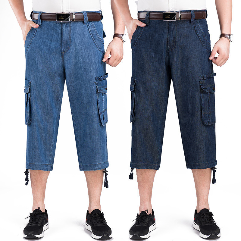 Jeans Shorts Men's Summer Breeches Multi Side Pocket Casual Bermuda Male Straight Long Blue Denim Loose Cargo Men 220318