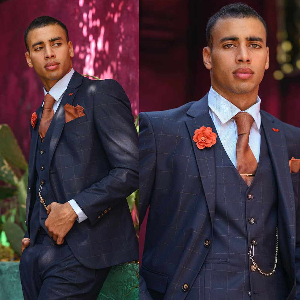 Three-Pieces Casual Dark Navy Single Breasted Plaid Men Suits Slim Fit Groom Wedding Dress Blazer Vest Pants Gentlemen Slim Fit