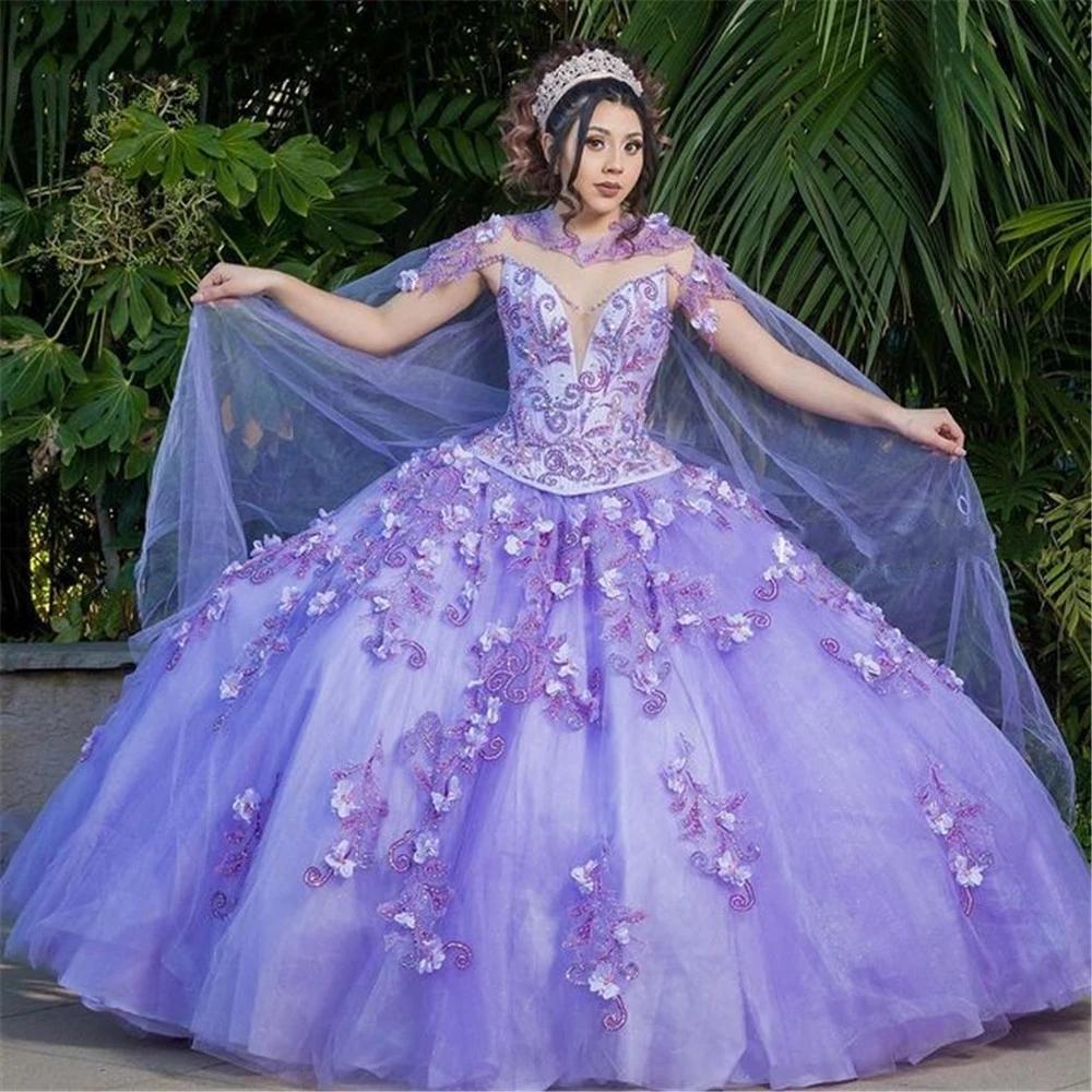 Luxury Lilac Lavender Ball Gown Quinceanera Dresses With Cape Lace Appliqued Flowers Beaded Corset Vestido De 15 Anos Floor Length Princess Sweet 16 D