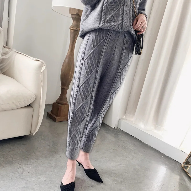 Autumn Winter Thick Woolen Knitting Trouser's Loose Radish-shaped Beam Feet Fashion Trend Knitted Twist Drawstring 220325