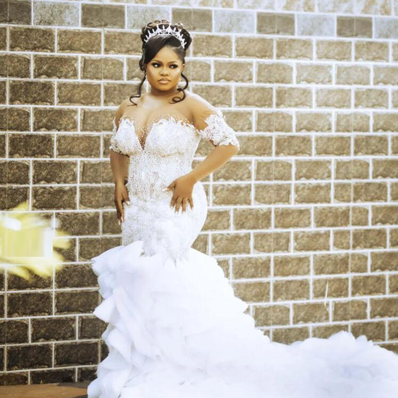 Plus Size Mermaid Wedding Dresses Ruffles Tiered Cathedral Train Lace Beaded Arabic Aso Ebi civil Bridal Gown vestidos sirena
