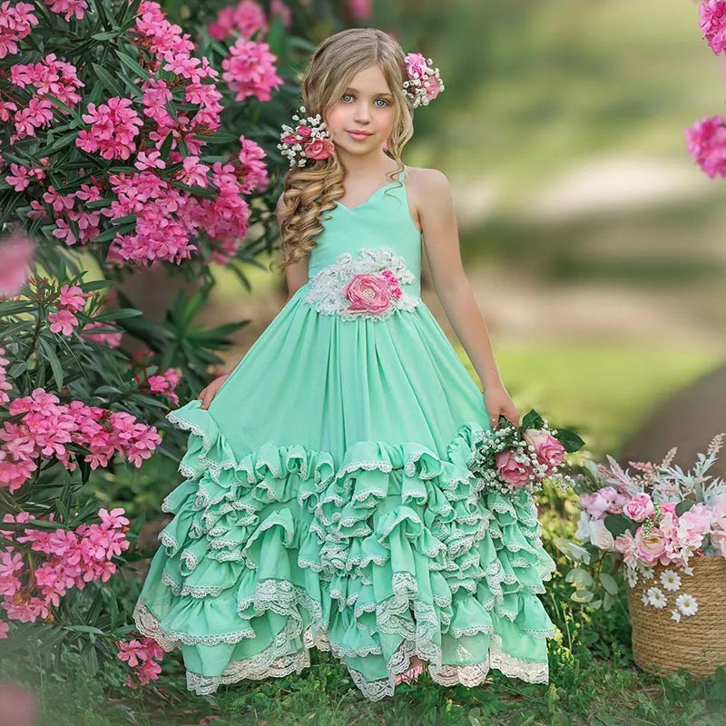 Light Green Boho Beach Flower Girl Dresses For Wedding Ruffled Bohemian Toddler Pageant Gowns Lace Up Back Appliqued Floor Length Kids Birthday Dress 
