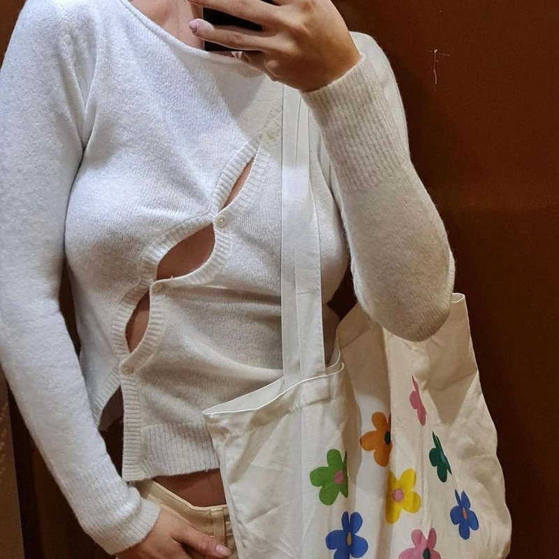 Cryptographic Long Sleeve Spring Autumn Knitted Women Tops Sweaters T Shirts Elegant Hollow Out Top Tees Streetwear Y2K Clothes 220728