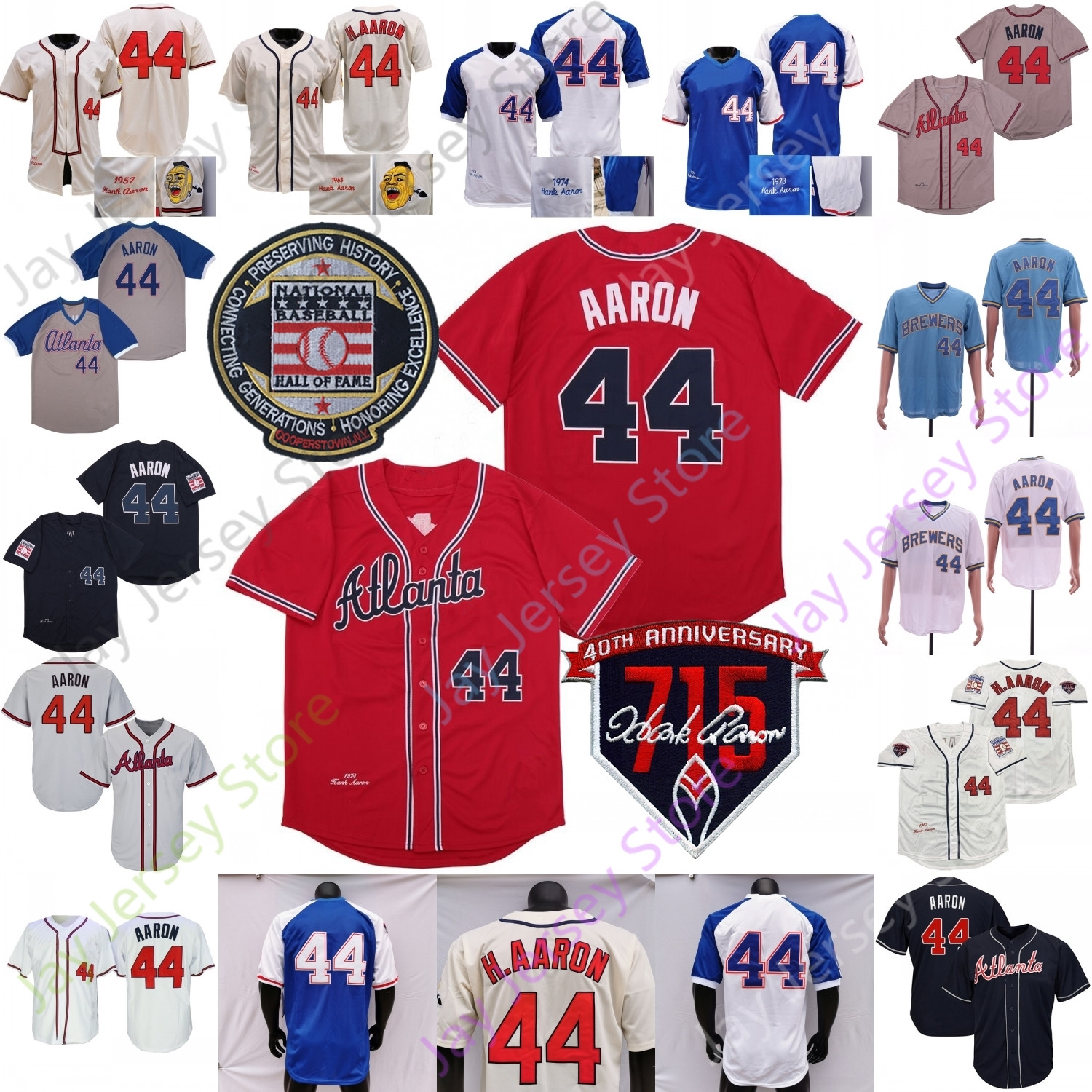 Hank Aaron Jersey Vintage 1957 1963 Cream Zipper 1973 1974 Hall Of Fame 715th 40th Patch Grey Blue Red Navy Pullover Size S-3XL