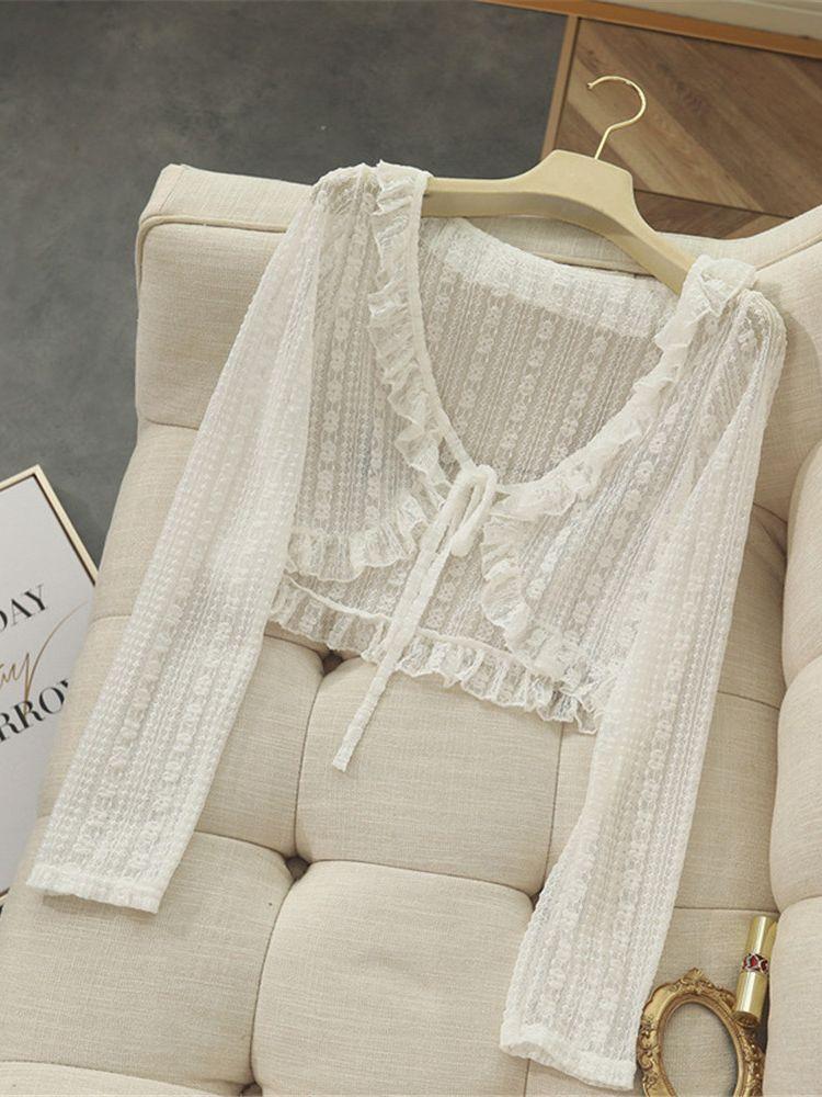 Women's Knits & Tees Korean Fashion V-neck Long Sleeve Cropped Tops Sweet Slim Thin Sunscreen Jacket Female Summer Apricot Lace Belt Women C, White
Women's Knits & Tees Korean Fashion V-neck Long Sleeve Cropped Tops Sweet Slim Thin Sunscreen Jacket Female Summer Apricot Lace Belt Women C, White