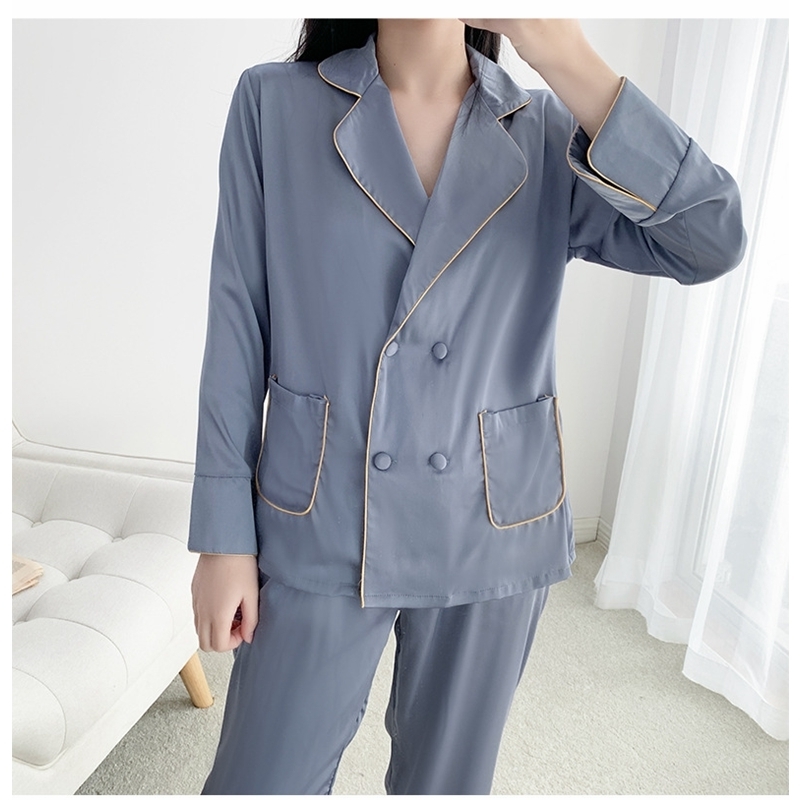 JULY'S SONG Faux Silk Pajamas Set Spring Autumn Sleepwear Women Casual Long-sleeved Trousers Ice Turn-down Collar Female 220329