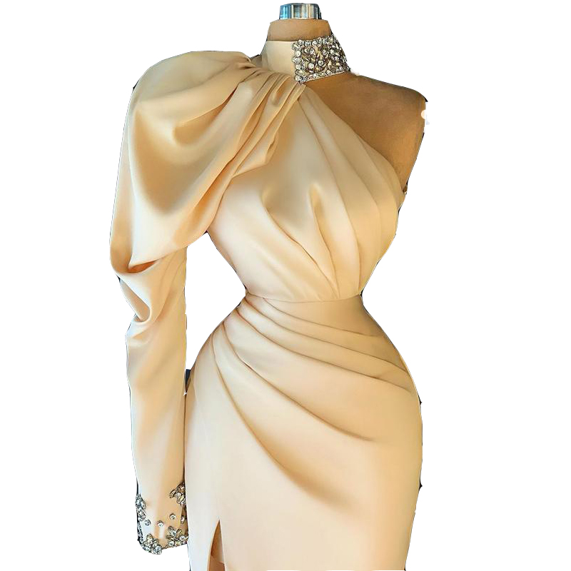2022 Beige Elegant Sheath Cocktail Dresses Long Sleeve Pleats One Shoulder Beaded High Neck Short Prom Party Wear Evening Dress For Women Custom Made