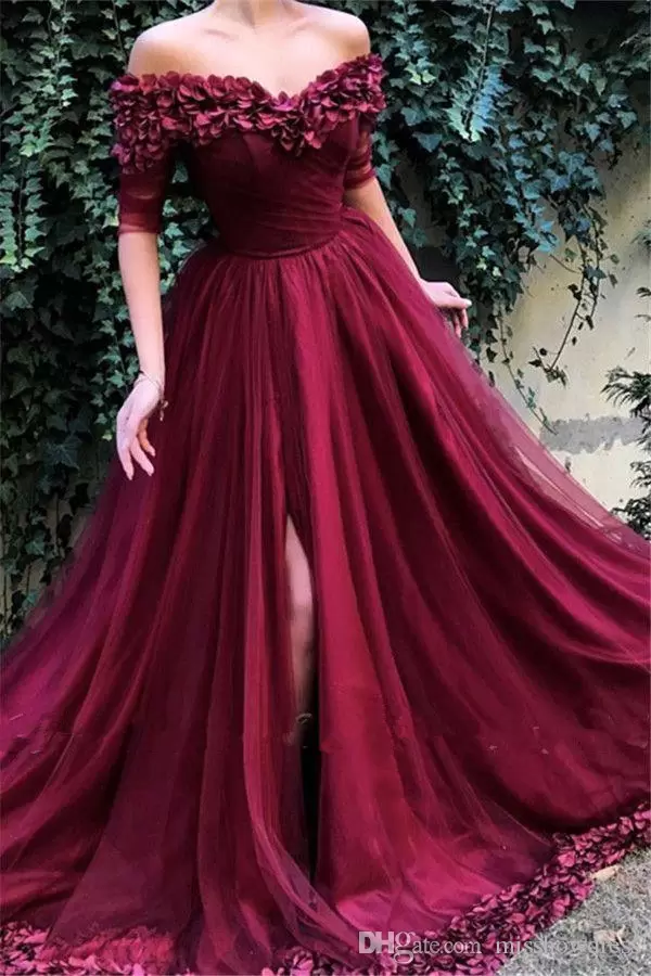 Burgundy Off The Shoulder Tulle A Line Long Evening Dresses 2022 Short Sleeves Ruched Split 3D Floral Formal Party Prom Wear Dresses BES121