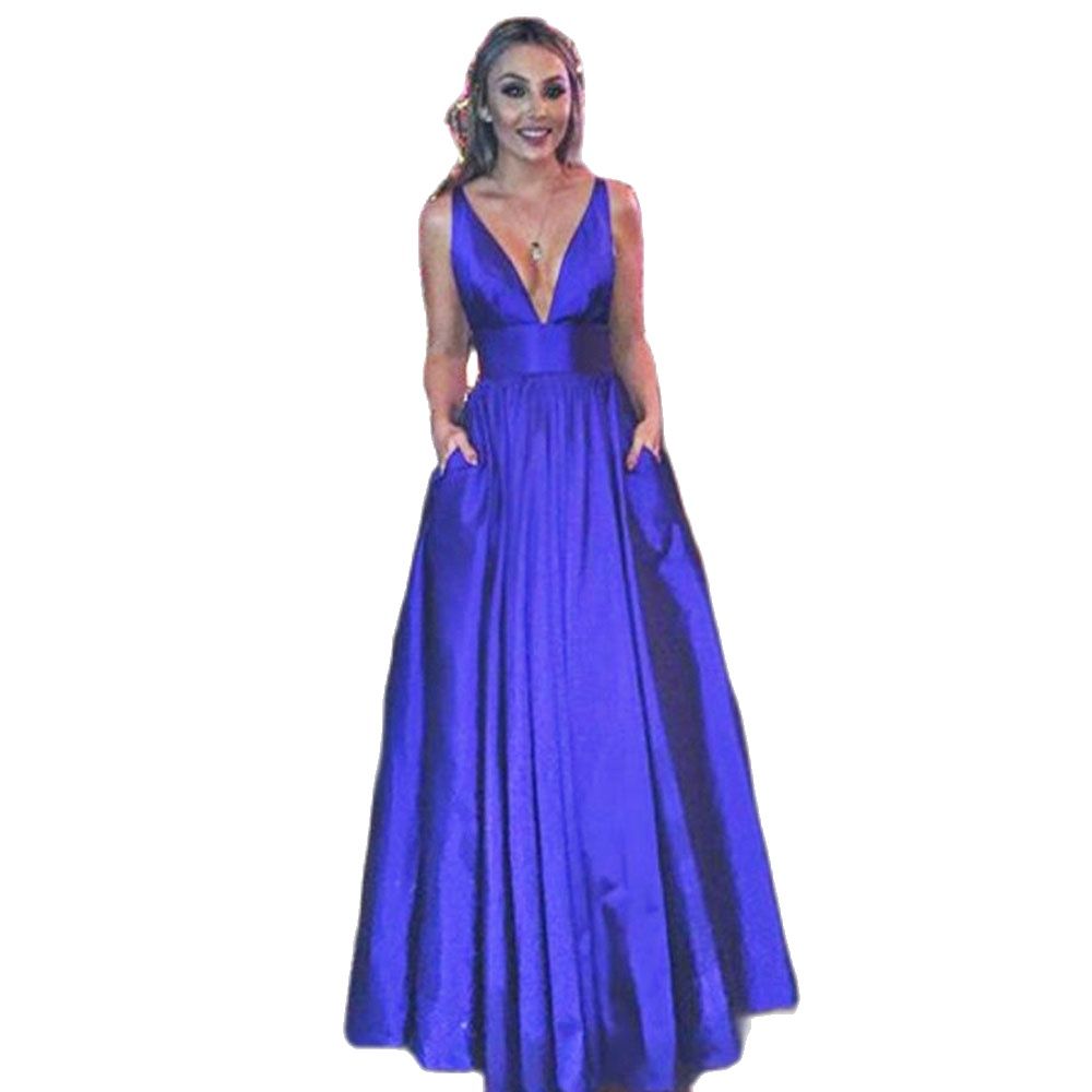V Neck Prom Evening Dresses Vestido De Noiva Long Satin Prom Party Gowns With Pockets