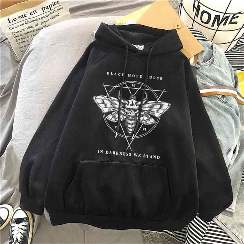 Devil winter dark punk female Vintage Harajuku casual fashion cartoon print plus size loose gothic hooded sweatshirt 210729