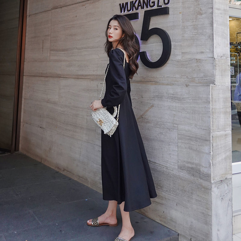 Long Sleeve Dress Women Holiday Elegant Ankle length Female Square Collar Simple Trendy Korean Style Leisure Streetwear Slim Ins 220613
