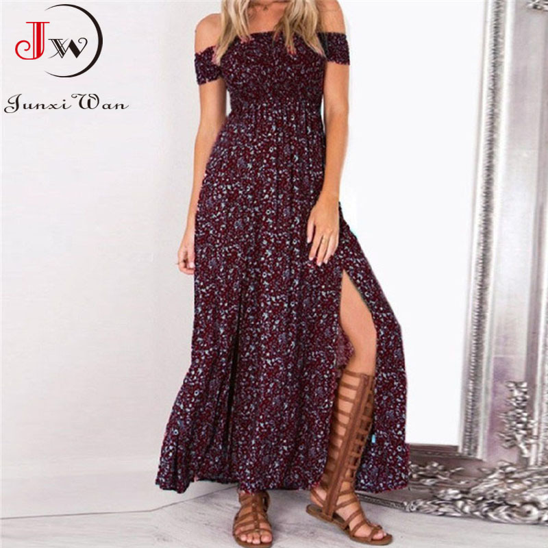 Women Summer Chiffon Long Dress Sexy Slash Neck Strapless Front Split Casual Elegant Floral Print Boho Beach Dresses 220516