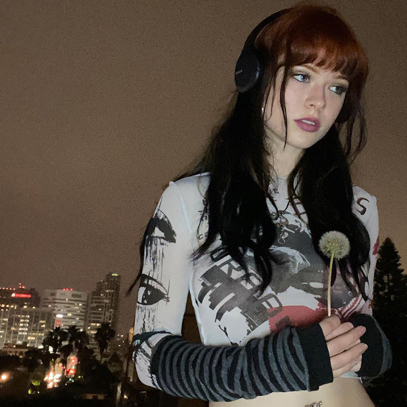 Y2KGIRL Unique Pattern Woman T-shirt Asymmetric Color Long Sleeve Slim Crop Tops Fashion Pullover Mesh See Through Streetwear 220516