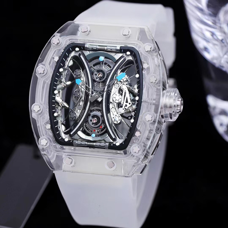 3 Types New Version Skeleton mens watch White rubber strap transparent case Automatic ETA movement watches sapphire Top quality all function works waterproof, 01 with box
3 Types New Version Skeleton mens watch White rubber strap transparent case Automatic ETA movement watches sapphire Top quality all function works waterproof, 01 with box
