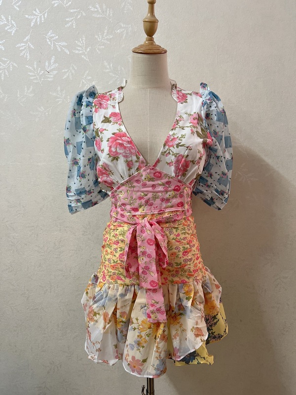 Retro France Short Puff Sleeve Floral Print Hit Color Dress Women Pleated Ruffle Tie Bow Sashes Mini Dresses Holiday 220511