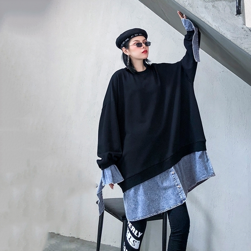 EAM Loose Fit Black Denim Irregular Long Sweatshirt Round Neck Long Sleeve Women Big Size Fashion Spring 1Y706 201203
EAM Loose Fit Black Denim Irregular Long Sweatshirt Round Neck Long Sleeve Women Big Size Fashion Spring 1Y706 201203