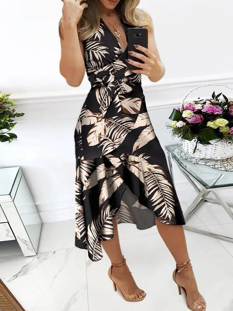 Casual Dresses Leaf Print Ruffle Hem Belted Mid-calf Dress Women Sleeveless V Neck Summer DressCasual, Black
Casual Dresses Leaf Print Ruffle Hem Belted Mid-calf Dress Women Sleeveless V Neck Summer DressCasual, Black