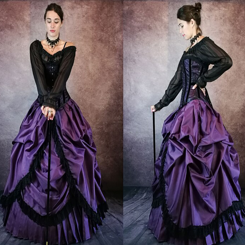 Retro Black Purple Gothic Wedding Dress 2022 Off Shoulders Long Sleeve Medieva Wedding Gowns Taffera Ruffles Lace Civil Bride Party Wear Vestido De No