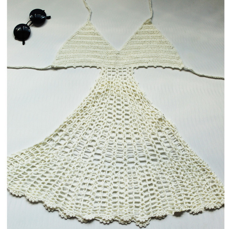 H80&S90 Women Sexy Handmade Crochet Deep V Neck Backless Hollow Out Beach Swimwear Lady Female Tank Top Bikini Dress 220325