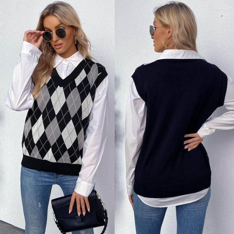 Women' Vests V Neck Argyle Sweater Vest Women Sleeveless Black Plaid Knitted Crop Casual Vintage Jumper Tops Preppy Style 2022 Autumn Luci2
Women' Vests V Neck Argyle Sweater Vest Women Sleeveless Black Plaid Knitted Crop Casual Vintage Jumper Tops Preppy Style 2022 Autumn Luci2