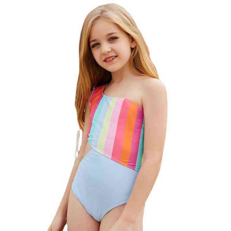 5-14 Years Girls Striped Print Bikini Holiday Cute One-piece Swimsuit Bathing Suit Hollow High Waist Kid Beach Swimwear 2022 Y220422